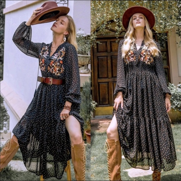 Dresses & Skirts - floral print embroidered dot long sleeve dress